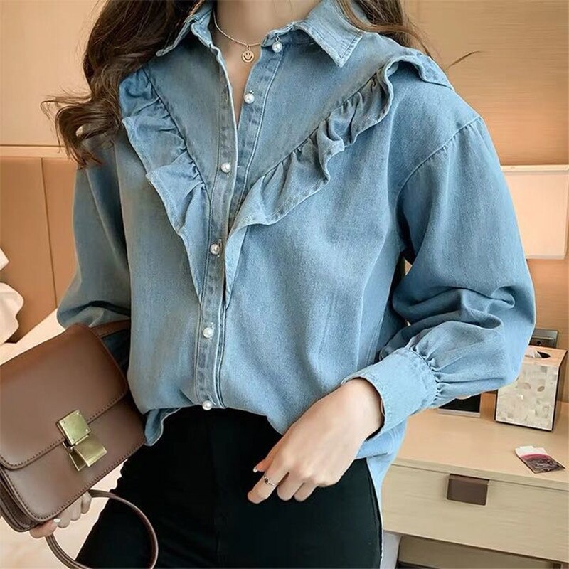 swvws Spring Autumn  Ruffles Denim Jacket For Women Long Sleeve Pocket Jacket Femme Casual Overcoat Single Breasted Chic Jean Coat