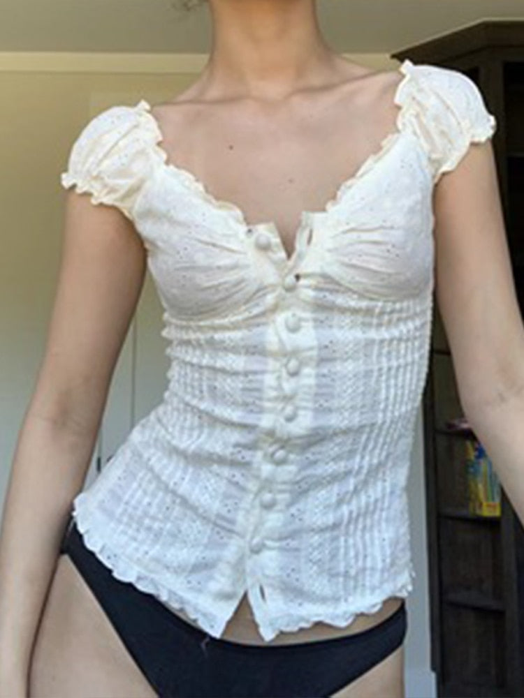 swvws White Lace Corset Top Women Ruffle Button Short Sleeve Ladies T-Shirt  Summer Fold V-Neck Bodycon Female Tshirt