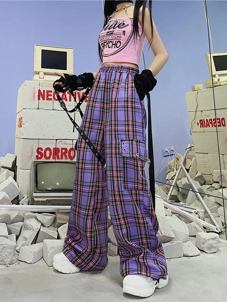 swvws Mall Goth Y2K Cargo Pants Women Hippie Purple Plaid Harajuku Streetwear Chain Checked Trousers Famale High Waist Aesthetic