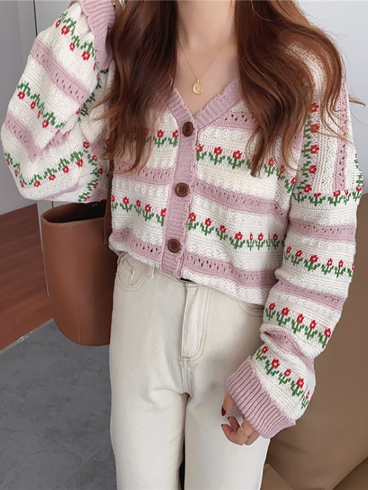 swvws Autumn Printed Cardigans Women Casual Hollow Out Floral Knitted Sweater Vintage Loose Long Sleeve Cardigan Tops Female Knitwear