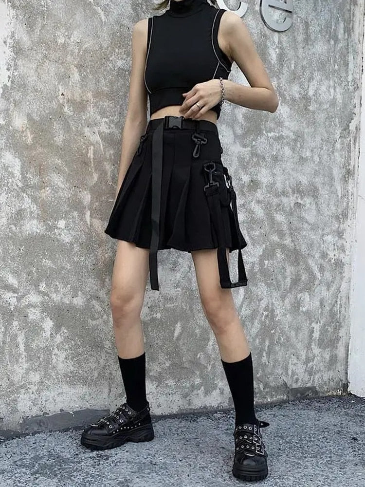 swvws Techwear Women Black Cargo Skirts Gothic Grunge Harajuku Punk High Waist Mini Skirt Dark Alt Wear Female Belt Aesthetic