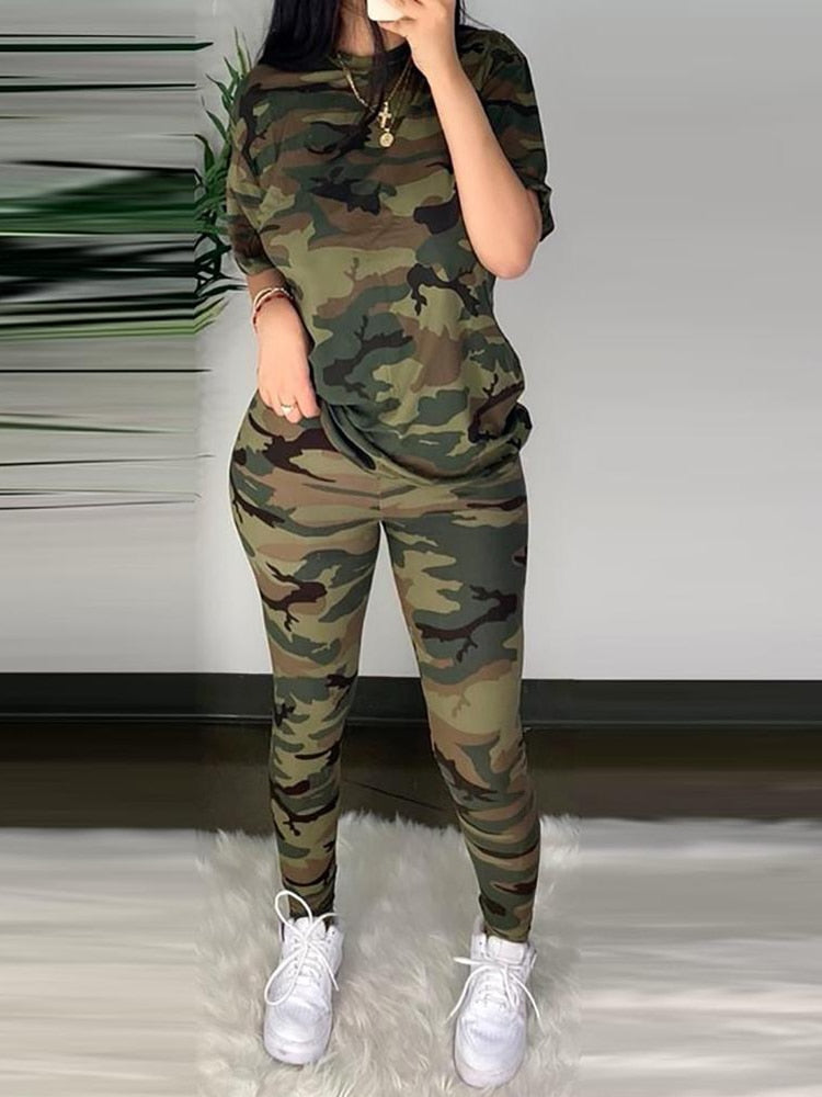 swvws  Women Fashion Casual Two-Piece Set  Suits Set Sportwear Female Autumn Clothes Camouflage Half Sleeve Top & Fitted Pants Set