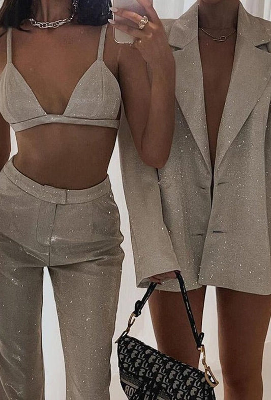 swvws Glitter Silver Party Two Piece Pants Set Women Club Night Outfits Fashion Sparkly Blazer Matching Sets Femme Tracksuit