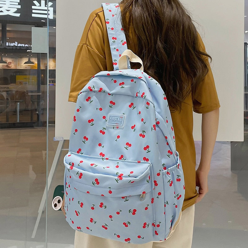 swvws New Girl Cherry Floral Travel Book Backpack Women Trendy Print School Bag Female Laptop College Backpack Fashion Lady Kawaii Bag