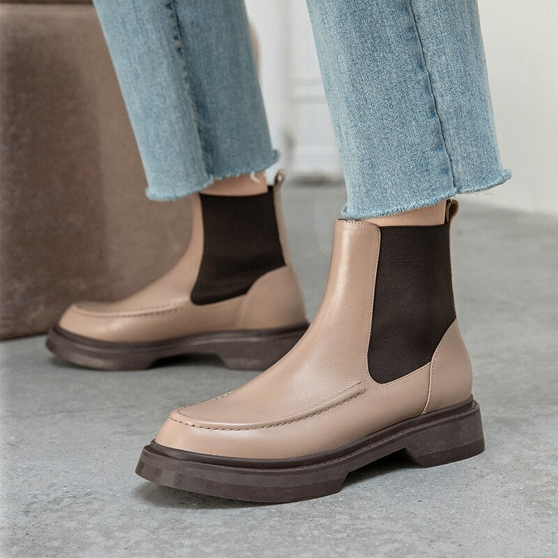 swvws Autumn Shoes     Retro British Style Slip-On Chelsea Boots Genuine Leather Women's Boots Fashion Ankle Boots Round Toe Flat with Women Shoes