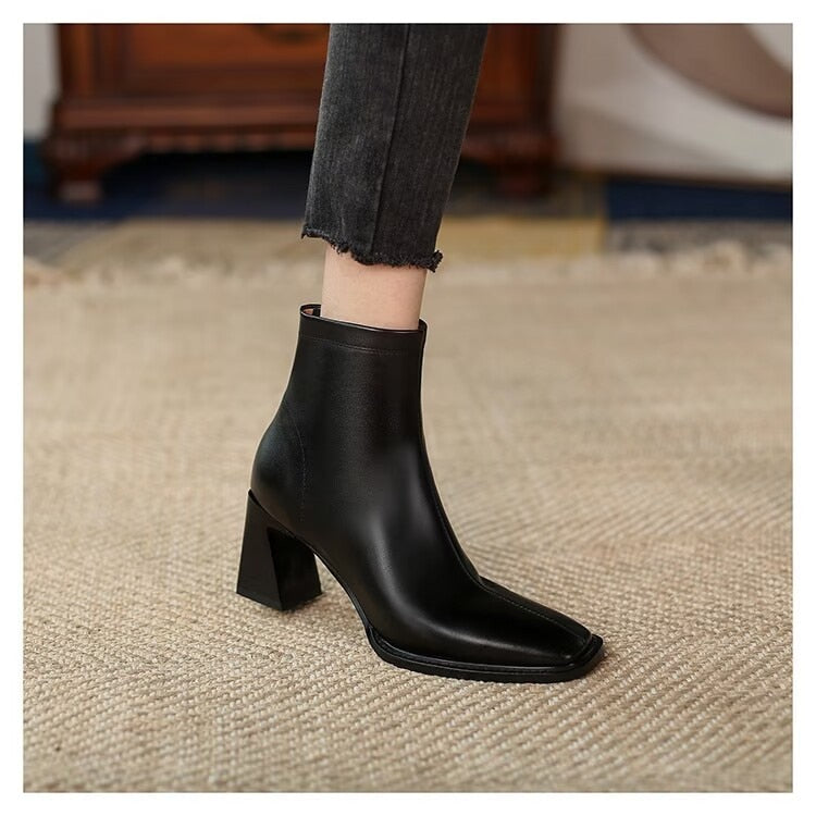 swvws Ankle Boots for Women Square Toe Fashion Shoes Autumn Winter Short Boots Zipper Square Heels Comfortable Lady Shoes