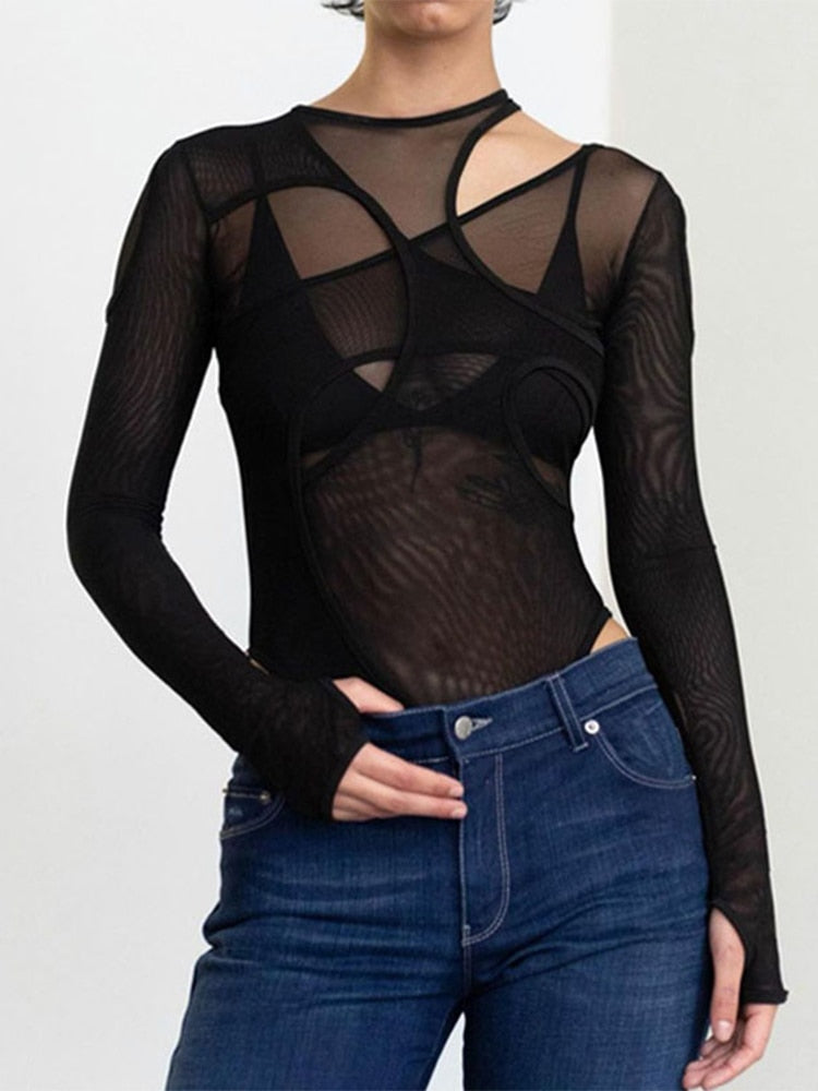 swvws  Women Long Sleeves Fashion Slim See Through Patchwork O Neck Sexy Bodysuit  Summer Fall Clothes Streetwear ASJU83938