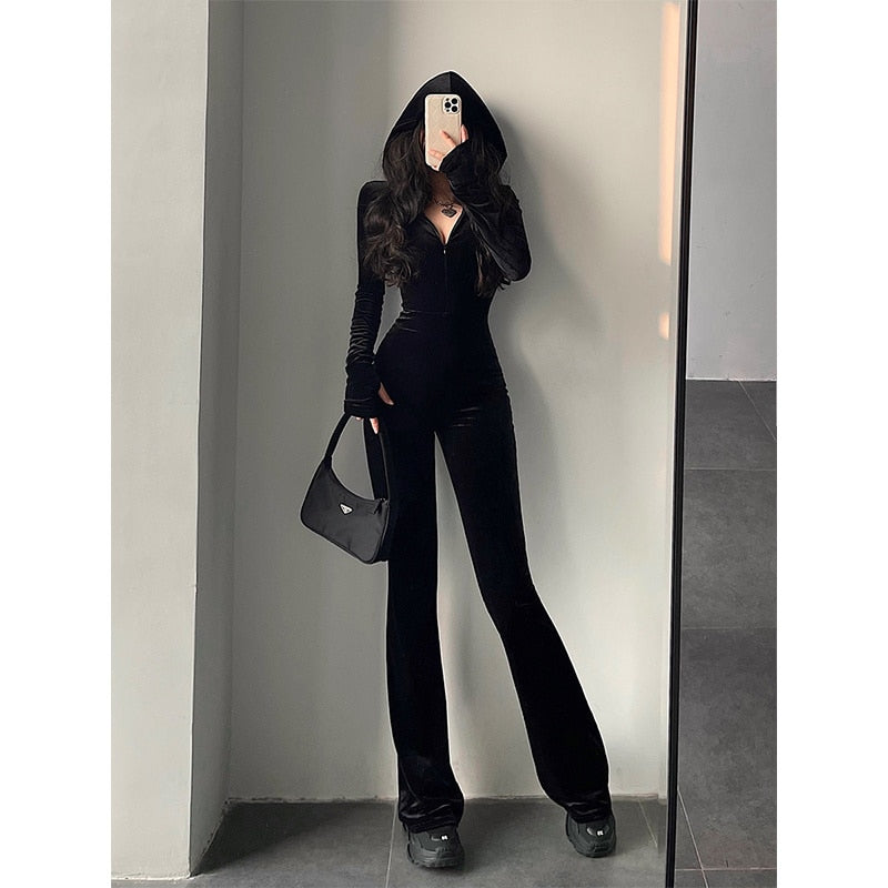 swvws Fashion Black Velvet Slim Hooded Zipper Long Sleeve Flare Pants Jumpsuit Rompers Korean Sexy Hot Tops