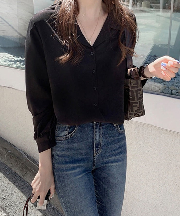 swvws  White Shirts Long Sleeve Single Breasted Button Elegant Office Lady V Neck Work Blouse Women Chic Korea Top