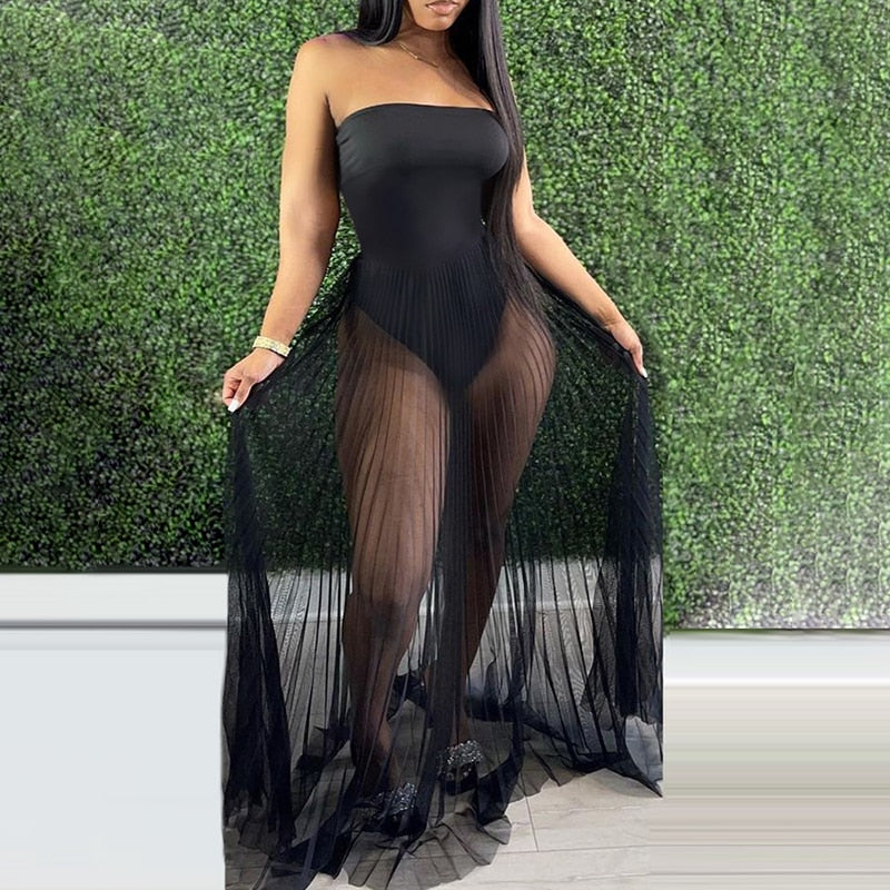 swvws Fashion Women Mesh Maxi Dress Robes Beachwear Off Shoulder Leaf Print Tube See-Through Pleated Long Party Club Dress