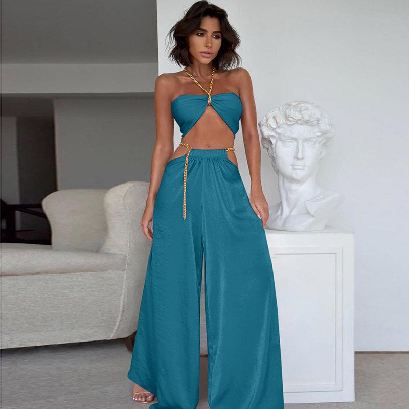 swvws Chain Halter Crop Top Pants Two Piece Set Women Backless Strapless Tube Tops Sets Long Wide Leg Pant Sexy Vacation Suit