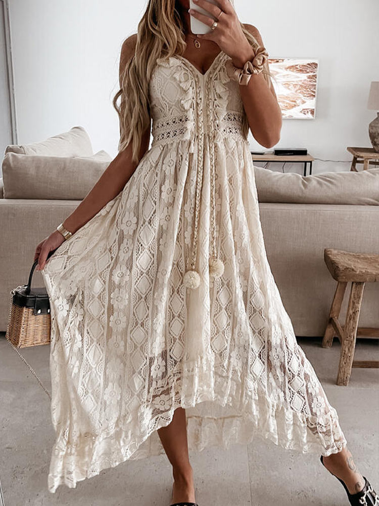 swvws Women Summer Maxi Dress Lady Off Shoulder Boho Dress Sexy Lace V Neck Spaghetti Strap Sundress White Dress Vestidos De Mujer