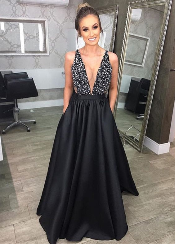 swvws Deep V-Neck Sequined Evening Robe Dress Fashion Elegant Backless Black Long Sweep Train For Women Cocktail Prom Dress