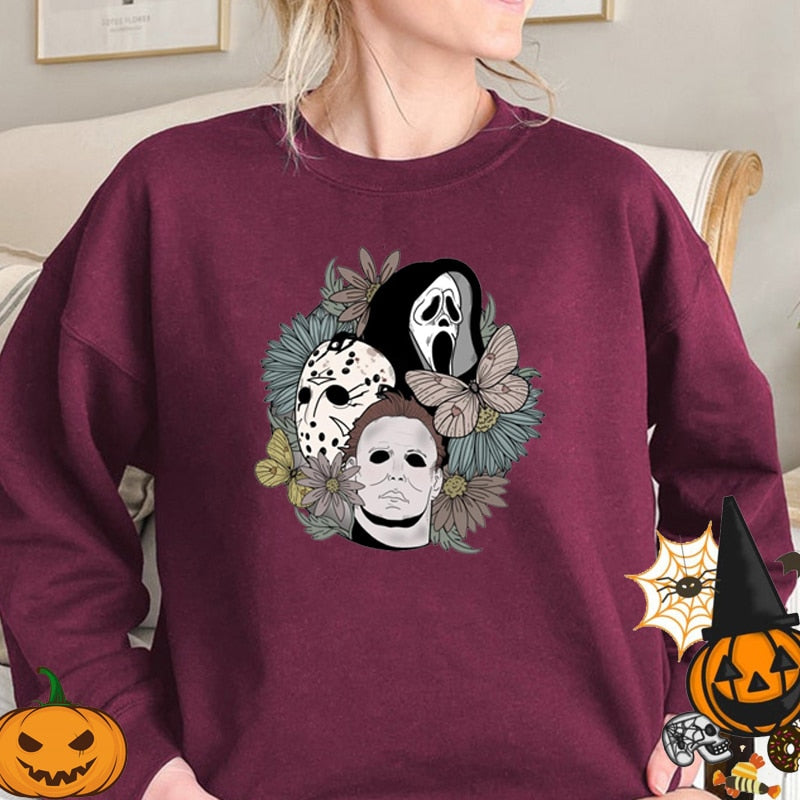 swvws Halloween Costume Horror Movie Scary Hooded Halloween Women Sweatshirt Crewneck Pullover Halloween Party Ghost Boo Skull Flower Hoodies Oversized