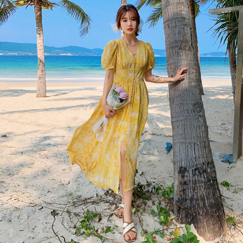 swvws Summer Bohemian Yellow Women's Senior Sense Chiffon V-neck High Waist Thin Temperament Elegant Fashion Seaside Resort Long Dress