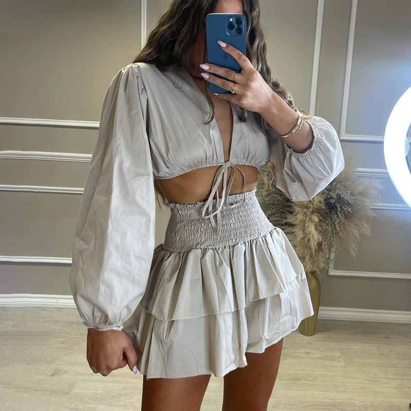 swvws  V Neck Short Tops Suits Women Fashion Lace Up Solid Suit Women Elegant Ruffle Mini Skirts Suits Female Ladies