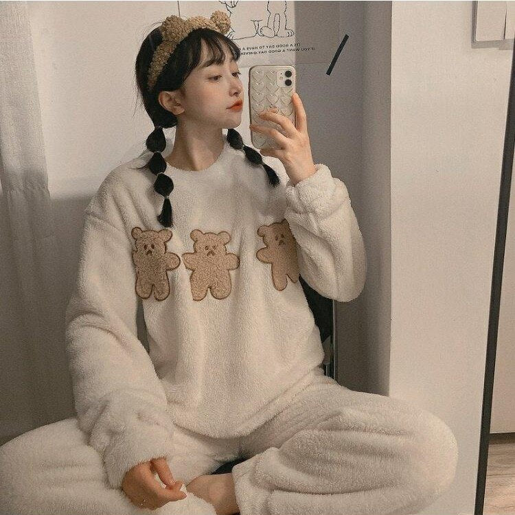 swvws Winter Warm Flannel Women Pyjamas Sets Thick Coral Velvet Long Sleeve Cartoon Sleepwear Thin Flannel Pajamas Set Sleep Wear