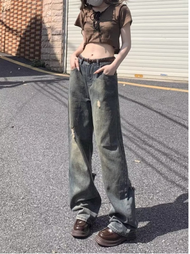 swvws Perforated Jeans, Summer Loose Straight Leg Wide Leg Pants, Niche Stitching, Old Beggar Pants, Women's Jeans