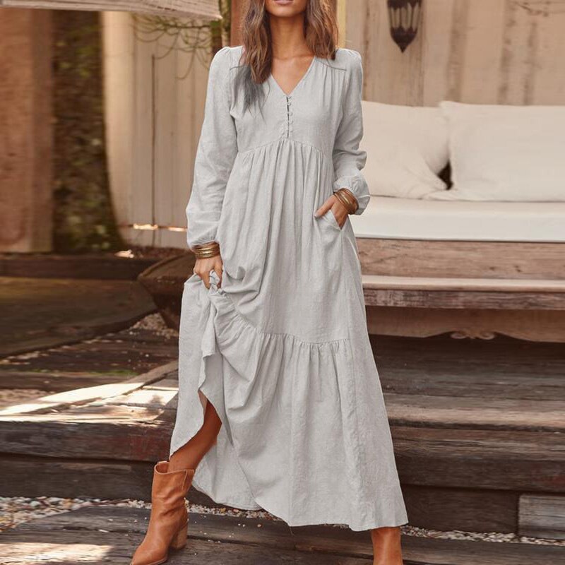 swvws Casual Long Linen Dress Women V Neck Cotton Maxi Dress Summer Vintage Long Sleeve Loose Dress Solid High Waist Big Swing Dress