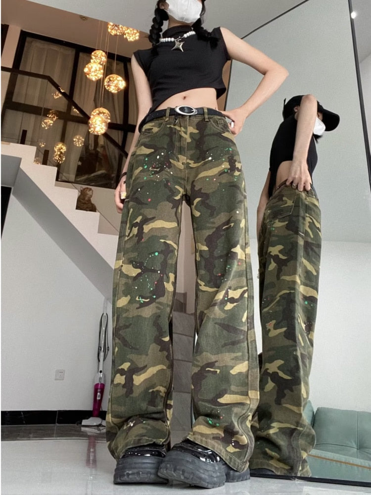 swvws Loose Splashed Ink Speaker Camouflage Pants Trendy Hip-hop Vintage Versatile Work Clothes Pants Wide Leg Pants Women's Jeans