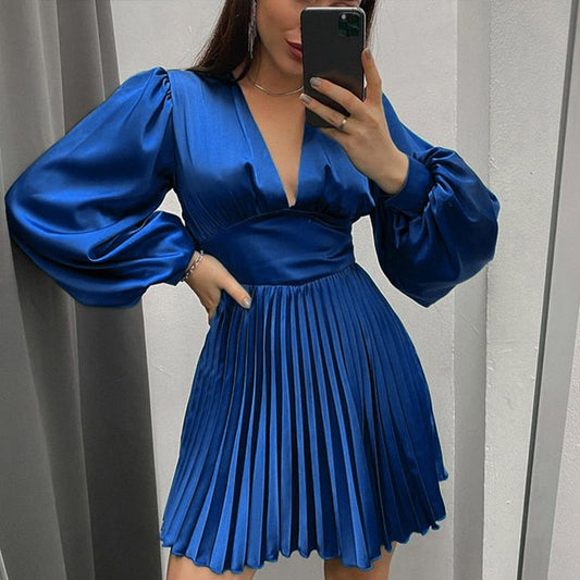 swvws Women Summer Vintage Klein Blue Draped Lantern Sleeves V Neck Mini Dress Female Satin Stitching Pleated High Waist Dress