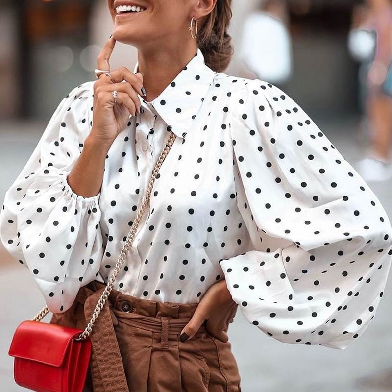 swvws New Office Lady White Blouse Shirt Women Polka Dot Lantern Sleeve Women Blouses Tops Oversized Loose Female Shirt Blusas