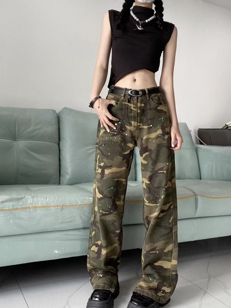 swvws Loose Splashed Ink Speaker Camouflage Pants Trendy Hip-hop Vintage Versatile Work Clothes Pants Wide Leg Pants Women's Jeans