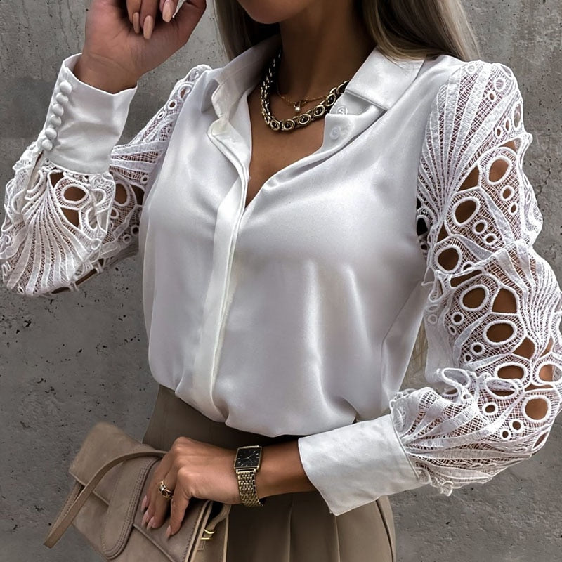 swvws Vintage White Lace Shirt Women  Fashion Hollow Out Button Elegant Blouse Female Casual Long Sleeve Office Lady Tops 19948