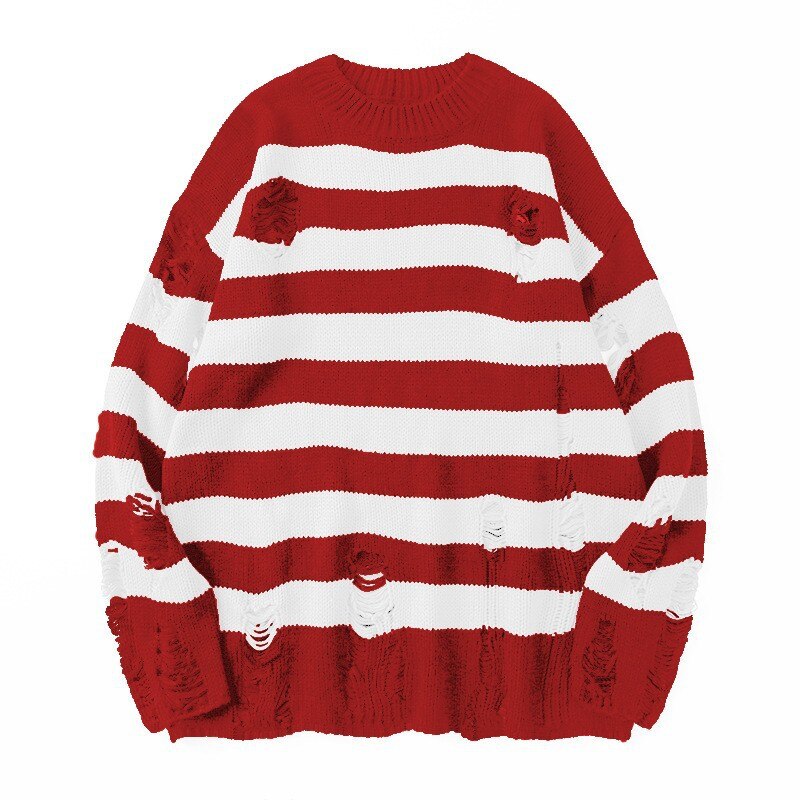 swvws Y2K Striped Sweaters Washed Destroyed Ripped Sweater Couple Hole Knit Jumpers Tops Unisex Oversized Pullovers Harajuku Su茅teres