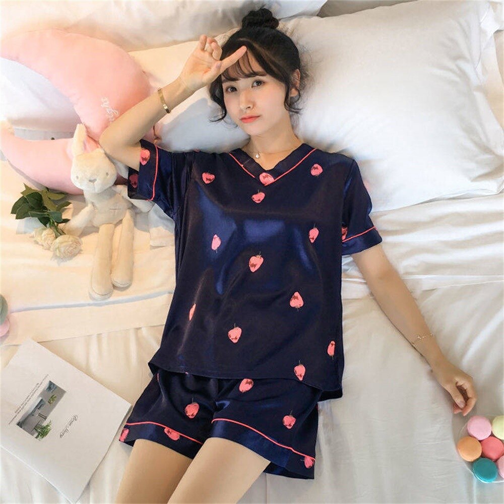 swvws Women's Summer Short-Sleeved Ice Silk Pajamas Loose And Comfortable Homewear Pajama Set Women Sleepwear