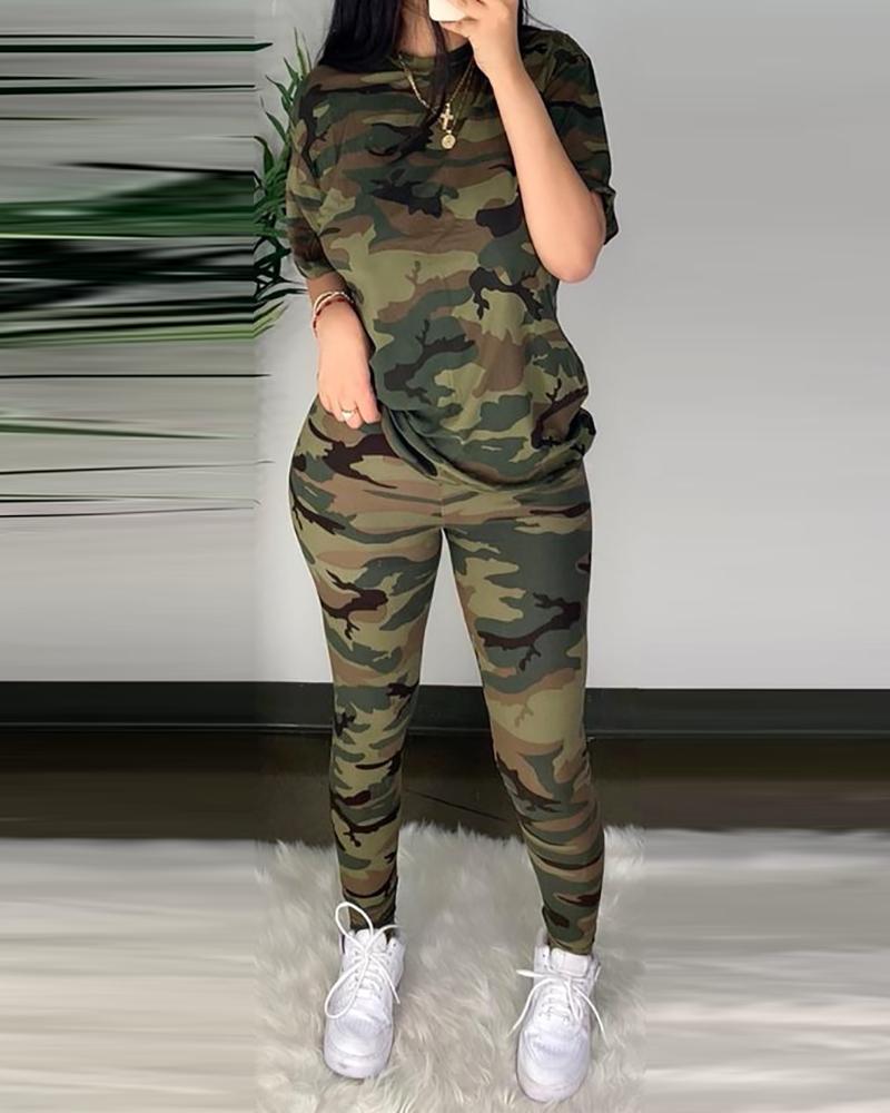 swvws  Women Fashion Casual Two-Piece Set  Suits Set Sportwear Female Autumn Clothes Camouflage Half Sleeve Top & Fitted Pants Set