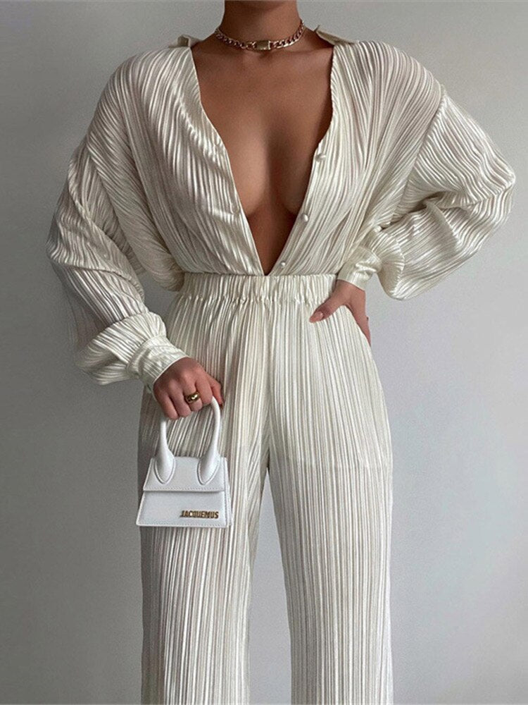 swvws Back To School Casual Loose Home Suit Long Sleeve V Neck Blouse And High Waist Pants Set Women Elegant Pleated Two Piece Pant Sets