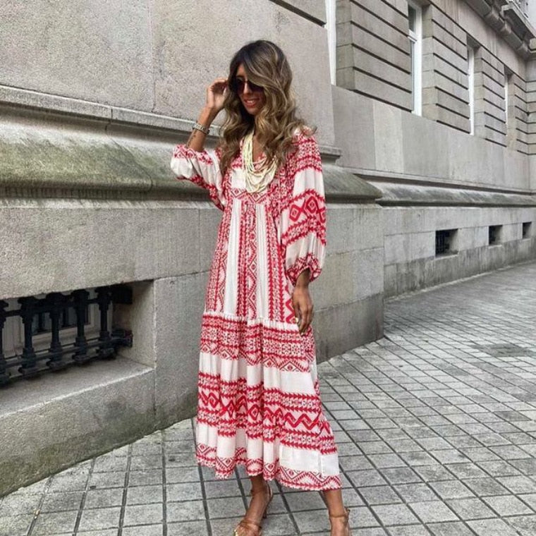 swvws   Lantern Sleeve Printing Long Dresses Women Summer Fashion V Neck Ankle-Length Geometric Collage Dress Loose Boho Beach Dresses