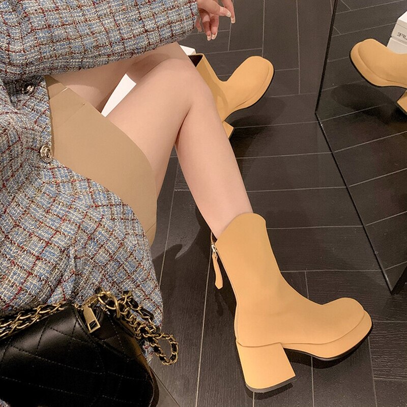 swvws Autumn Shoes    New Fall/Spring Women Shoes Split Leather Platform Shoes Women Round Toe Chunky Boots for Women Concise Solid Black Modern Boots