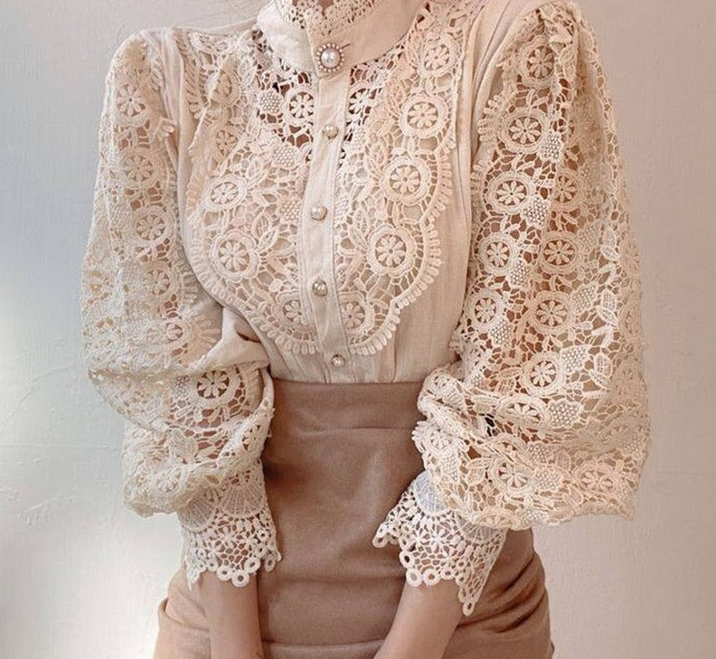 swvws Vintage Solid White Lace Blouse Shirts Women New Korean Button Loose Shirt Tops Female Hollow Casual Ladies Blouses Blusas