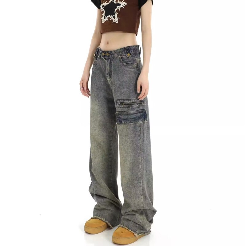 swvws Hong Kong Style Retro High Waisted Workwear Jeans, Women's Summer New Unique Design, Straight Pocket, Floor Long Pants