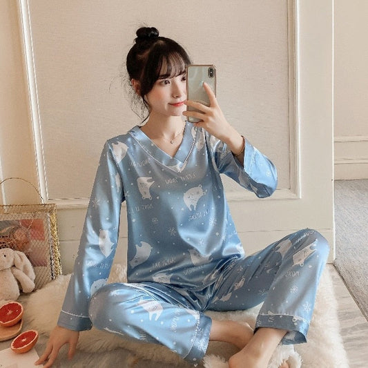 swvws Ice Silk Pajamas Ladies Spring And Autumn Long-Sleeved Thin Section Sweet Korean Version Silk Home Clothes Two-Piece Suit