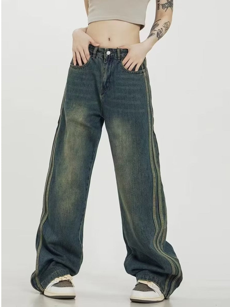 swvws Vintage Washed Old High Street Side Striped Jeans Women's Loose Wide Leg Slim Pants Women's Jeans