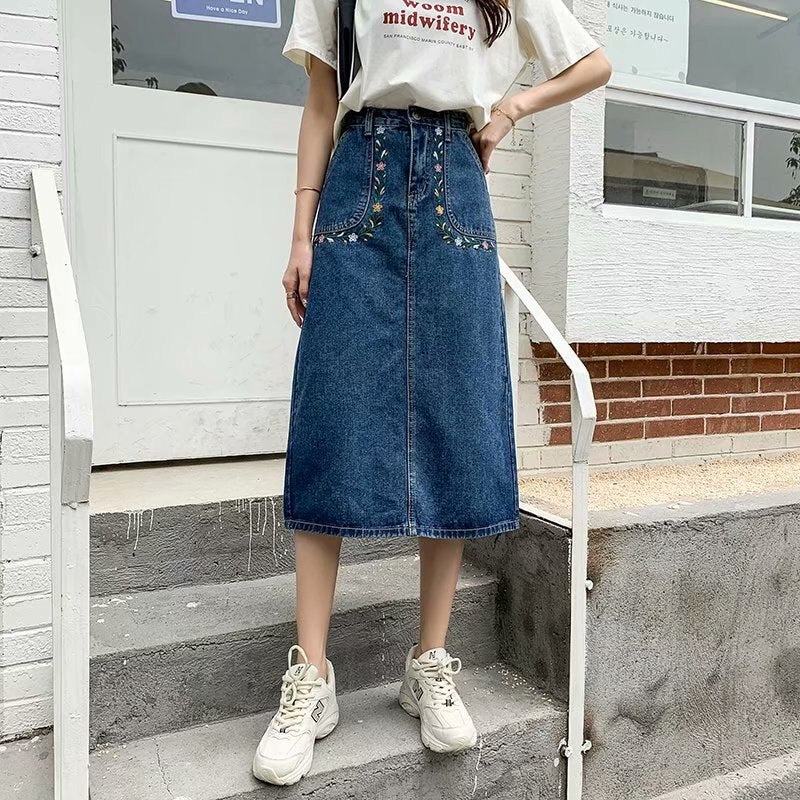 swvws  New Denim Skirt Women's Spring And Autumn Design Sense Mid-length High Waist Large Size Slim Embroidered Long Skirt