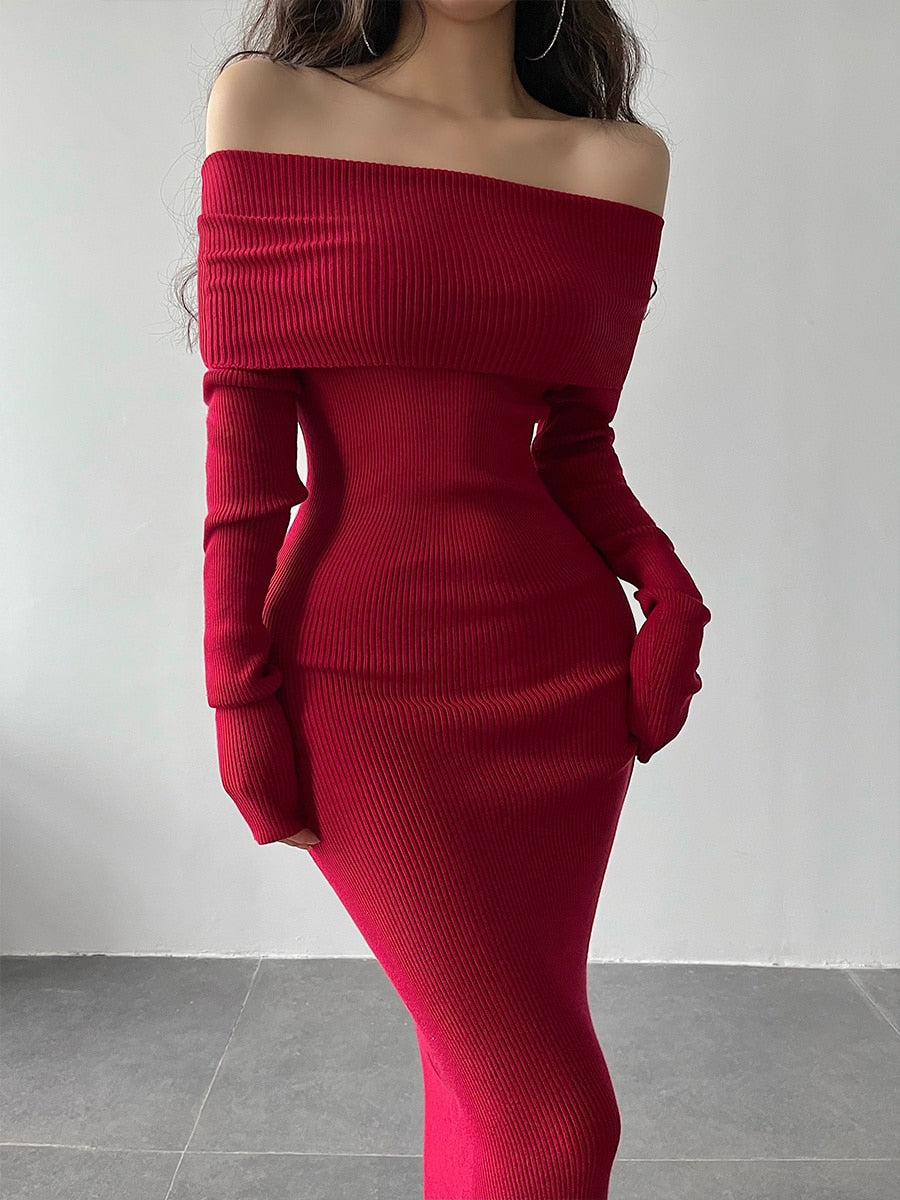 swvws Slash Neck Tight Long Skinny Hip Long Sleeve Maxi Long Sweater Dress Red Korean Fashion Tops   DL7K