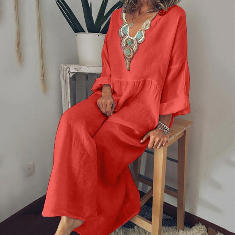 swvws Casual Ethnic Summer Dress Women Loose Cotton Linen Long Dress Long Sleeve V Neck White Beach Dress Retro Solid Large-Wing Dress