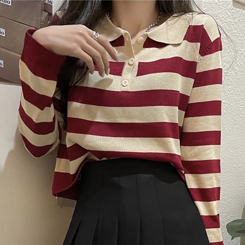 swvws Women's  Spring Fashion Knitting T Shirts Turn-Down Collar Casual Short Tops Female Button Striped Loose T-Shirt Tees Femme