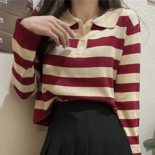 swvws Women's  Spring Fashion Knitting T Shirts Turn-Down Collar Casual Short Tops Female Button Striped Loose T-Shirt Tees Femme