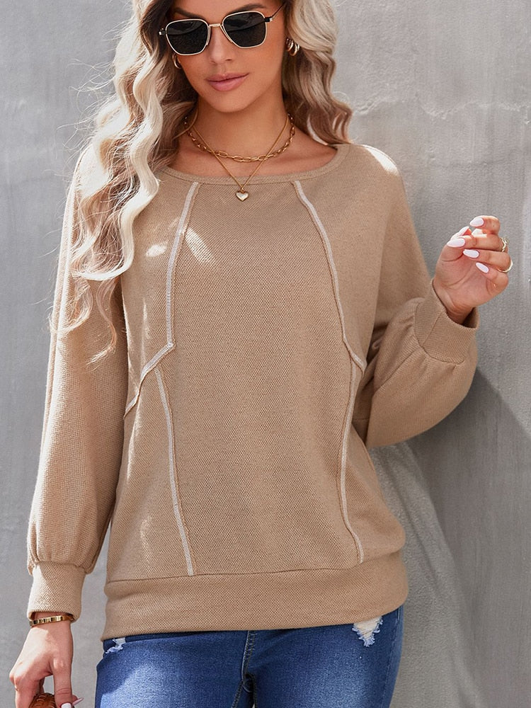 swvws Autumn Vintage T-Shirt Women Loose Casual Pullover Fashion Splicing Thicken Long Sleeve Tops Female Elegant Solid O Neck Jumpers