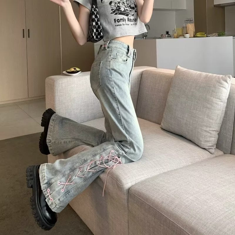 swvws Small Design With Straps And Mini Slacks, Retro High Waist Jeans For Female Xia Spicy Girls, Slim Straight Bell Pants, Autumn