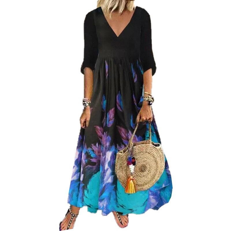 swvws Sukienki Midi Airycloth Printed Dress  New Ladies Elegant V Neck Half Sleeve Loose A-Line Dress Summer Party Dresses