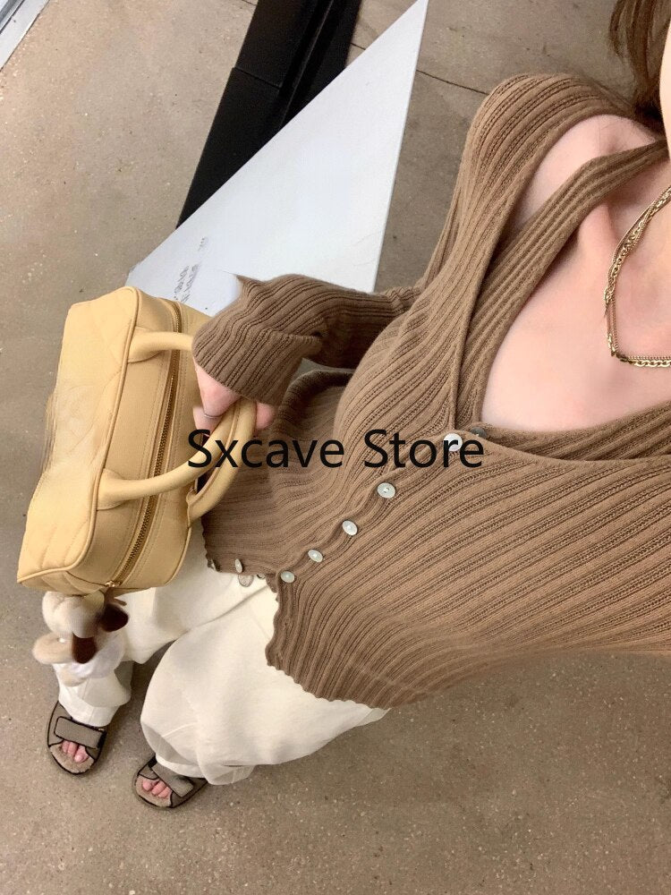 swvws  Autumn V-Neck Knitted Cardigan Women Pure Color Casual Long Sleeve Slim Sweater Office Lady Y2k Crop Tops Female Korean