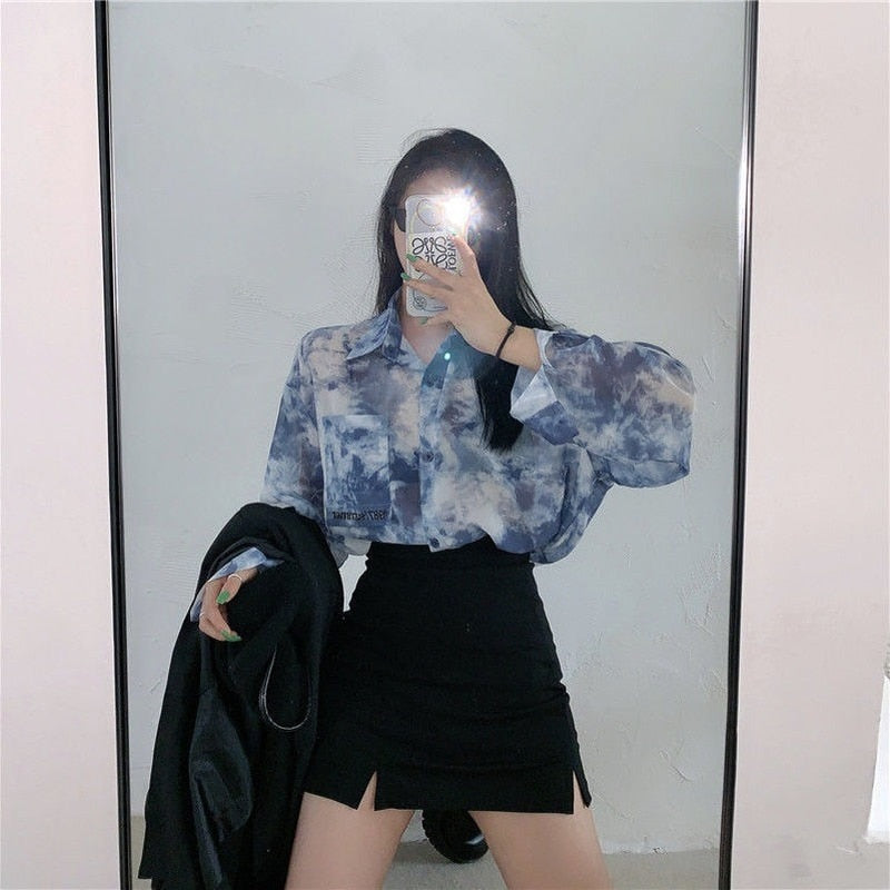 swvws Shirts Women Fashion Tie Dye Harajuku Gothic Top New Korean Loose Casual Clothes Sun-Proof Embroidery All-Match Summer Holiday