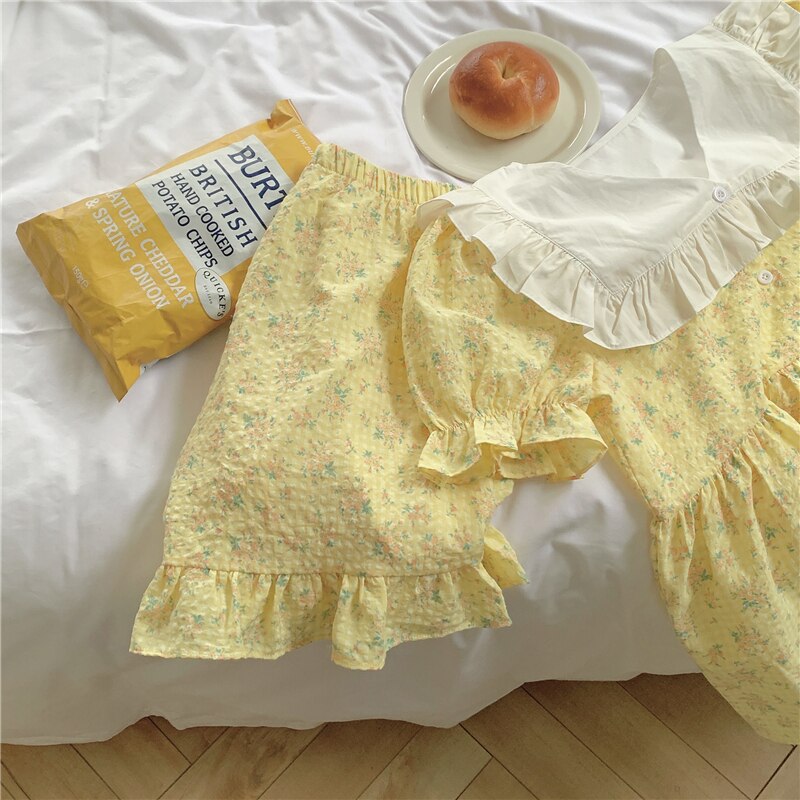 swvws Ruffles V-Neck Summer Pajamas Set Women Short Sleeve Sweet Blouse + Shorts Suit Cotton Sleepwear Flowers Plaid Homewear