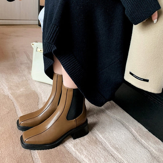 swvws Autumn Shoes     Autumn Women Boots Square Toe Chunky Heel Boots Split Leather Shoes Women Solid Short Boots for Women Fashion Fall Shoes